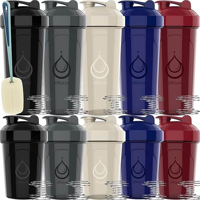 diliqua 10 PACK- Shaker Bottles with Wire Whisks for Protein Mixes | Leakproof Blender Shaker Bottle Pack | BPA-Free & Dishwasher Safe | 5 Large 28 oz & 5 Small 20 oz Shaker Bottle | Cups for Shakes