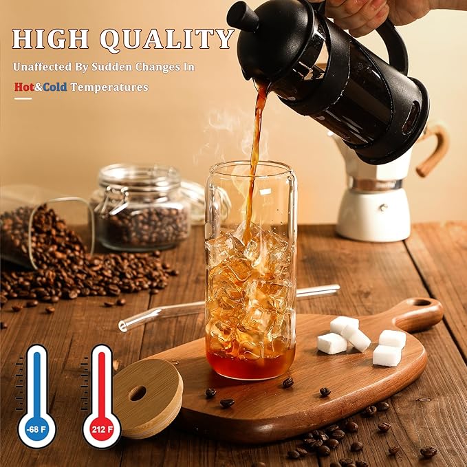 VITEVER 20 OZ Glass Cups with Bamboo Lids and Glass Straw - Beer Shaped Drinking Glasses Set, Iced Coffee Glasses, Cute Tumbler Cup, Aesthetic Coffee Bar Accessories, Gift - 2 Pack
