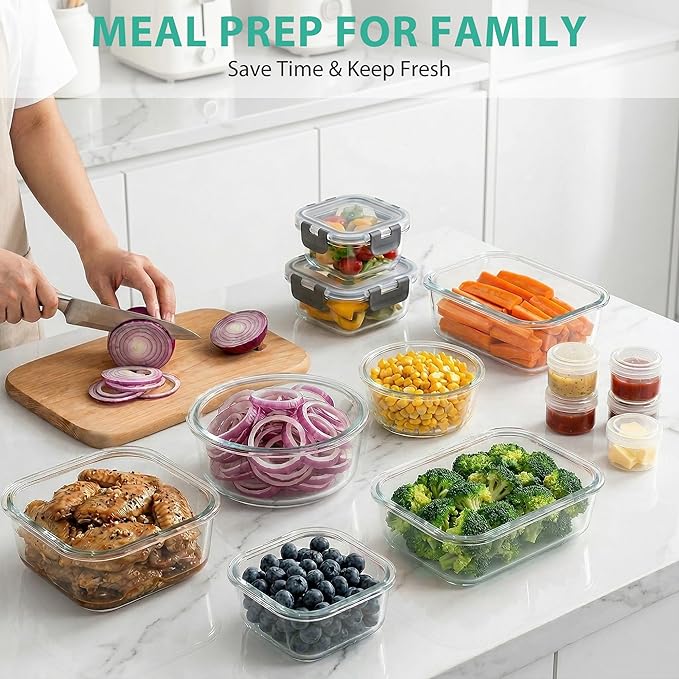 34pcs Glass Food Storage Containers with Lids Set, Airtight Glass Meal Prep Containers (17 Containers & 17 Lids), Leak Proof Lunch Container BPA-Free, Microwave, Oven, Freezer, Dishwasher Safe-Grey