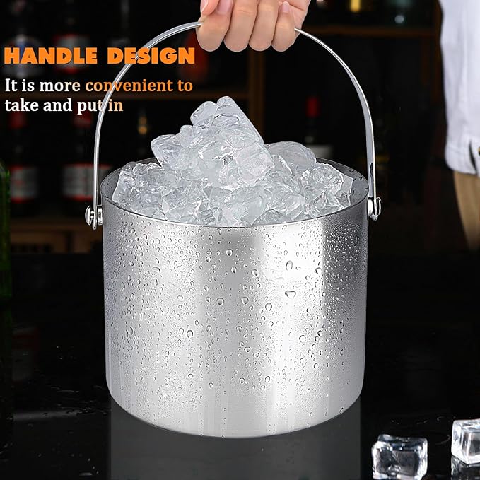 Ice Bucket, 3L Double-Wall Stainless Steel Insulated Ice Bucket With Lid and Ice-Tong, Ice-Buckets for Parties Home Bar, Chilling Beer, Champagne, Wine Bottle(Silver)