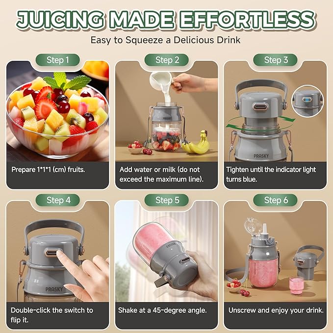 Portable Blender, Prasky Personal Blenders for Shakes and Smoothies with 33oz Cup, Lid and Shoulder Strap, Type-C USB Rechargeable, Personal Size Blenders BPA-free for Travel/Kitchen