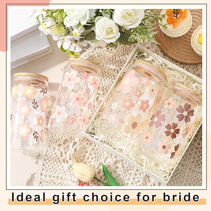 Mumufy 4 Pack Bridesmaid Glass Tumbler Gifts Cute Boho Floral 16oz Iced Coffee Cups with Bamboo Lids and Straws Elegant Bridal Party Proposal and Wedding Shower Gifts