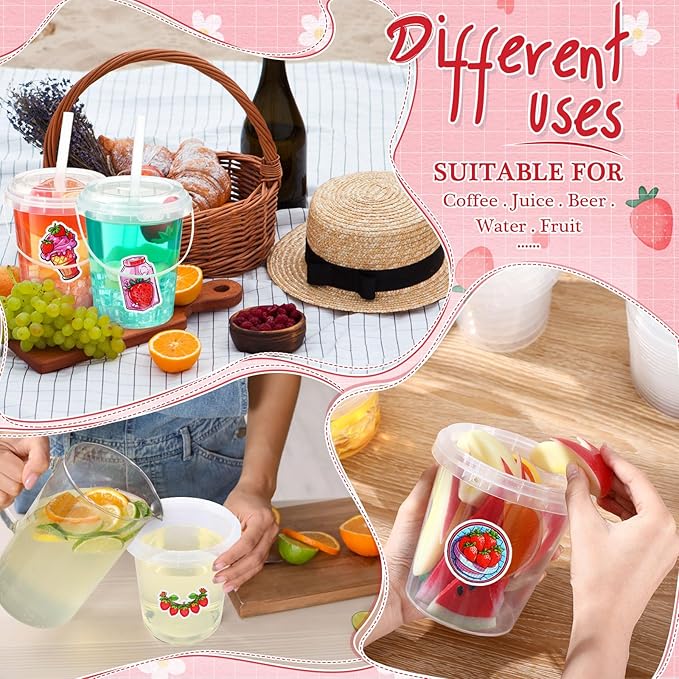 Funnymoom 30 Set Strawberry Drink Buckets with Lids and Straws 34oz Large Clear Plastic Cups Disposable Rum Cocktail Pails with Handles and Stickers for Summer Birthday Beach Pool Party Supplies