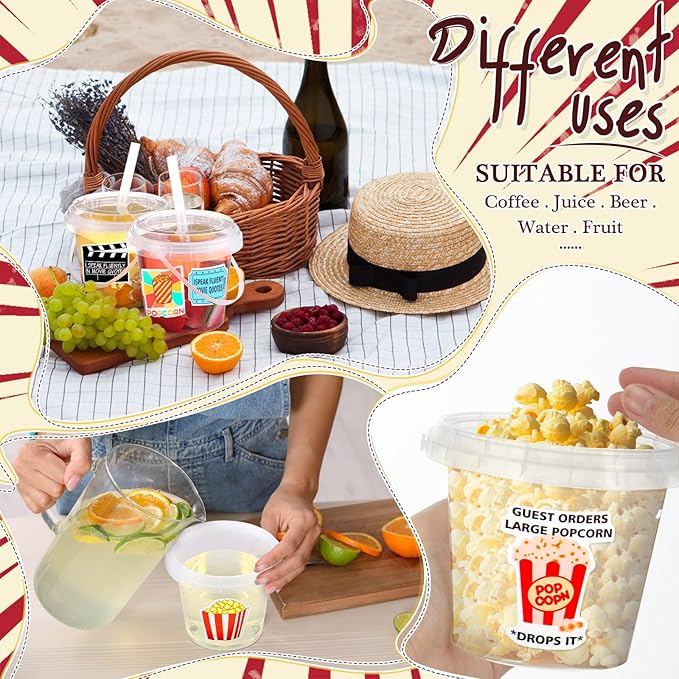 Funnymoom 30 Set Movie Night Clear Plastic Cups with Lids & Straws 24oz Disposable Rum Drink Buckets Bulk for Cocktail Parties with Handles & Stickers for Holiday Birthday Beach Pool Party Supplies