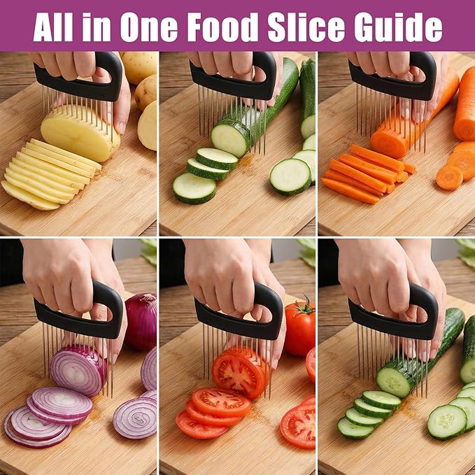 Extra-Large Onion Holder for Slicing Onion Chopper Vegetable Cutter Stainless Steel Tomato Potato Slicer with 16 Long Needles Meat Tenderizer Tool Kitchen Gadget for Potato Lemon Fruit and Meat