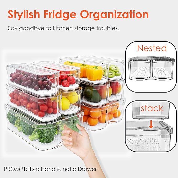 SMRCAD Fridge Organizers and Storage, 10 Pack Clear Organizer Bins with Lids for Kitchen, Pantry, Refrigerator, Food, Fruit, Vegetable Storage