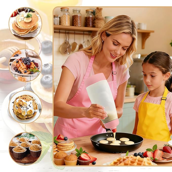 Pancake Batter Dispenser with Wire Whisk, BlenderBall, Silicone Spatula and Brush, Cleaning Brush, 1000 ML Large Capacity Leak-Proof Design for Pancakes Waffles Muffins and Crepes