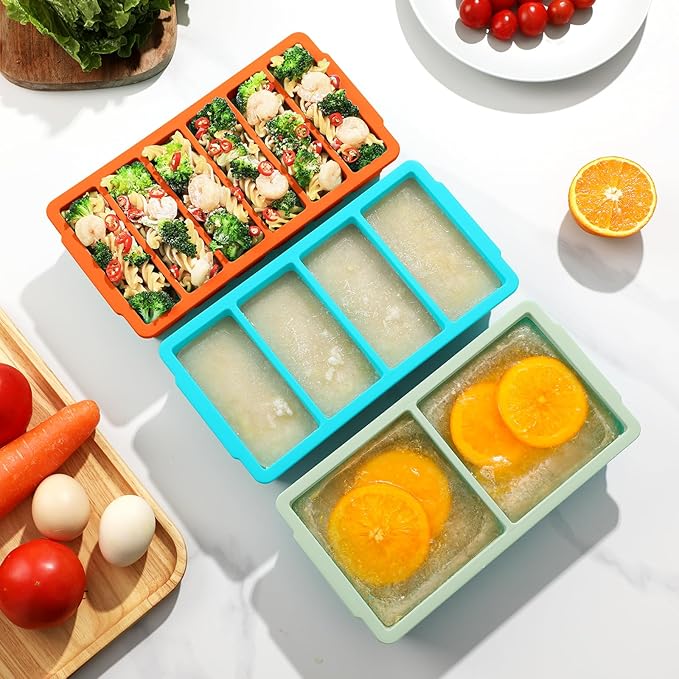 3-Pack Silicone Freezer Trays with Lid,2 Large 2-Cup(500ml)&4 Medium 1-Cup(125ml)&6 Small 1/2-Cup(75ml) Soup Freezer Container Molds,Ice Cube Tray For Meal Prep&Freezing Soup,Stews,Sauces