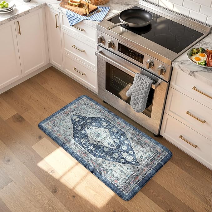 Collive Cushioned Anti-Fatigue Mats, Boho Non-Slip Waterproof Kitchen Floor Mat, Comfortable Standing Carpet for Sink, Laundry, Office, Work, 17.3''x30'' Dark Blue