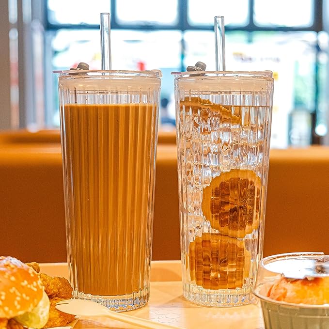 20oz Glass Tumblers with Lids and Straws - Stylish Vintage Ribbed Design for Iced Coffee, Juice, Smoothies, Milkshakes, Cold Beverages & Whiskey Cocktail Beer (Pure Vertical Stripes)