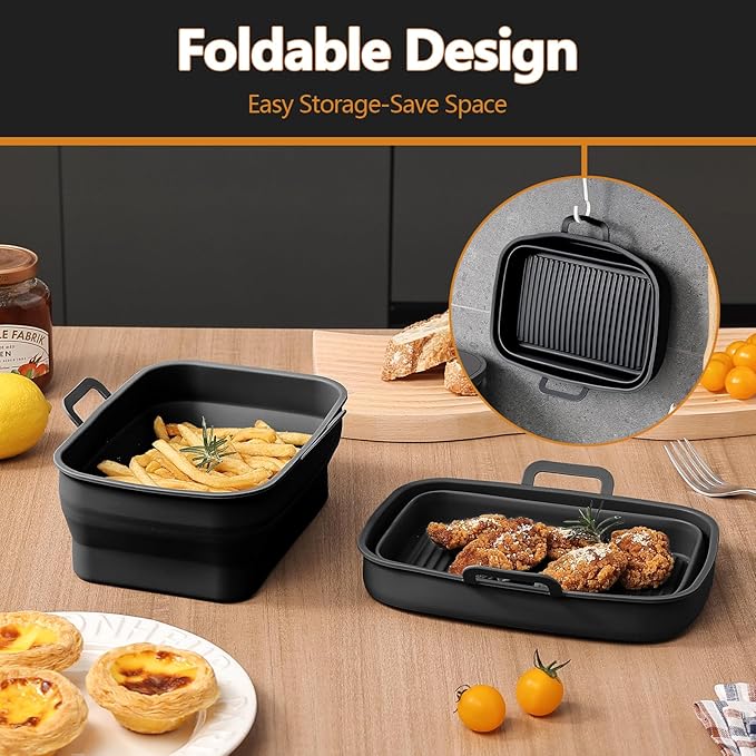 Collapsible 2-Pack Air Fryer Silicone Liners for 8QT & 10QT NINJA Foodi Dual, Reusable Rectangular Silicone Basket Pot for Air Fryer Accessories (Black)