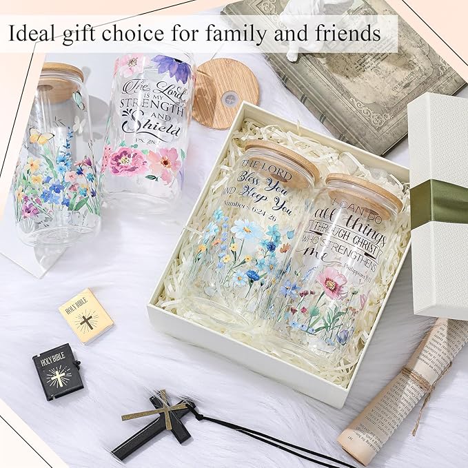 Mumufy 4 Pack Christian Gifts for Women Set Bible Verse 16oz Glass Tumblers with Straw, Inspirational Prayer Affirmation Cups, Religious & Spiritual Gift for Mom Wife Sister or Friends for Christmas