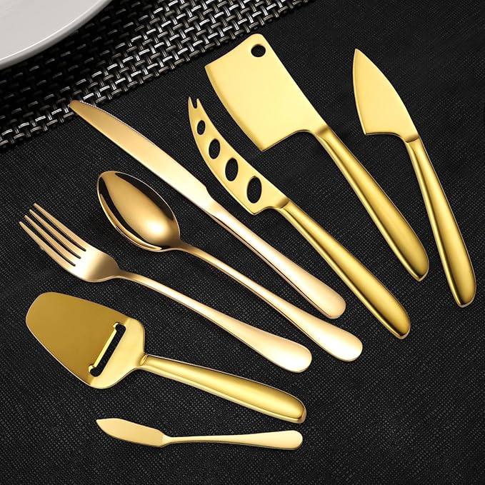 Gold Cheese Knives Silverware 8 Pieces include Dinning Knife Fork Spoon Stainless Steel Kitchen Cooking Gadget Tool Baking Utensils Multifunctional for Everyday Use and Parties
