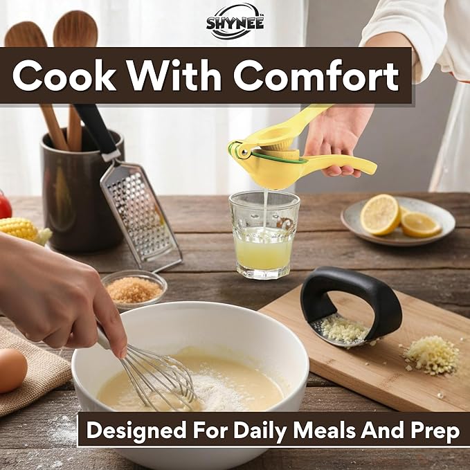 SHYNEE 4PCs Kitchen Essentials Kit ā Lemon Squeezer, Garlic Press, Stainless Steel Whisk, Multi-Use Grater, Cheese Grater ā Durable, Easy to Clean Cooking Tools Set for Everyday Meal Prep