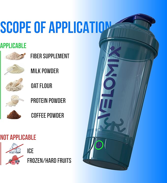 VELOMIX Electric Protein Shaker Bottle - 24 oz | USB-C Rechargeable | Leak Proof Shaker Cups for Protein Shakes | Portable Blender for Shakes and Smoothies (Electric - Blue)