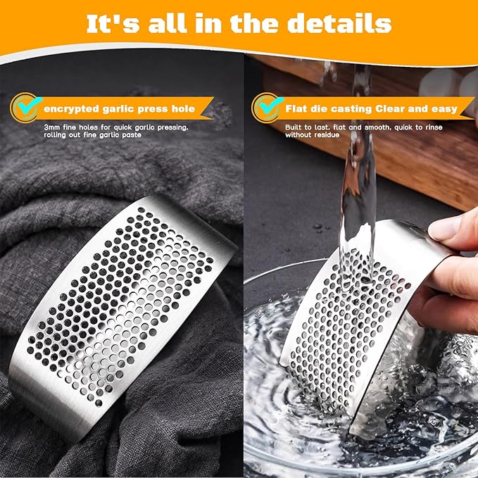 Garlic Press Rocker Heavy Duty Stainless Steel Garlic Mincer Garlic Crusher Garlic Chopper with Peeler And Scraper for Smash Garlic Built-in Bottle Opener