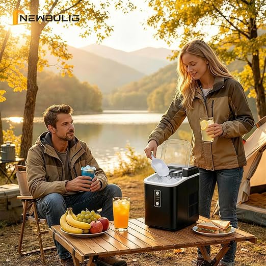 NEWBULIG Nugget Ice Makers Countertop, Portable Nugget Ice Machine, Ready in 6 Mins, 24lbs in 24Hrs, Auto-Cleaning, with Basket and Scoop, for Home, Kitchen, RV, Camping, Black