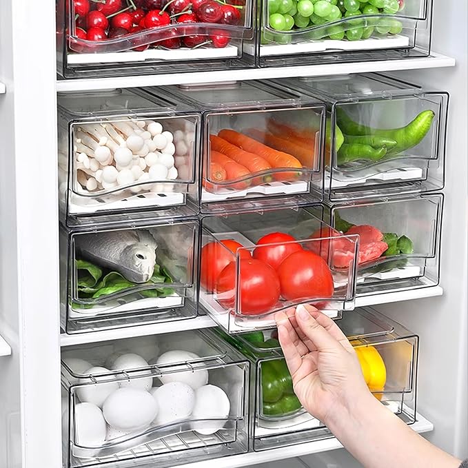 2 Pack Fruit Storage Containers for Fridge, Stackable Refrigerator Organizers with Strainer Layer,Reusable Storage Containers Clear Fridge Drawer for Produce,Vegetable in Kitchen,Fridge,BPA-Free