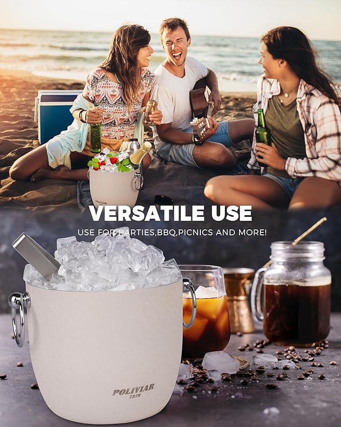 POLIVIAR Ice Bucket, 2.5L Double Wall Ice Bucket with Lid, Stainless Steel Ice Bucket with Tong & Strainer, Ice Bucket for Cocktail Bar, Home & Parties, JX2023-IBLM
