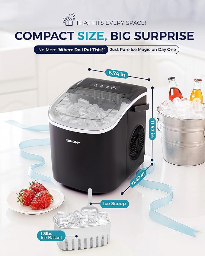 EUHOMY Countertop Ice Maker Machine with Handle, 26.5lbs Per Day, 9 Ice Cubes Ready in 6 Mins, Auto-Cleaning Portable Ice Maker with Basket and Scoop, for Home/Kitchen/Camping/RV (Black)