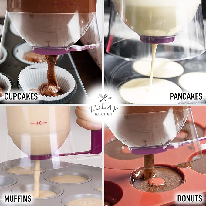 Zulay Kitchen 4 Cup Pancake Batter Dispenser With Squeeze Handle - Pancake Dispenser For Batter With Measuring Label - Pancake Batter Mixer Dispenser Bottle For Cupcakes, Crepes, Waffles & More
