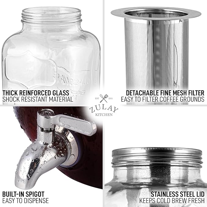 Zulay 1 Gallon Glass Drink Dispenser for Parties β with Spout Lid and Stainless Steel Filter β Leak-Resistant Beverage Dispenser for Events β Lemonade Iced & Sun Tea Infused Water & Juice Dispenser