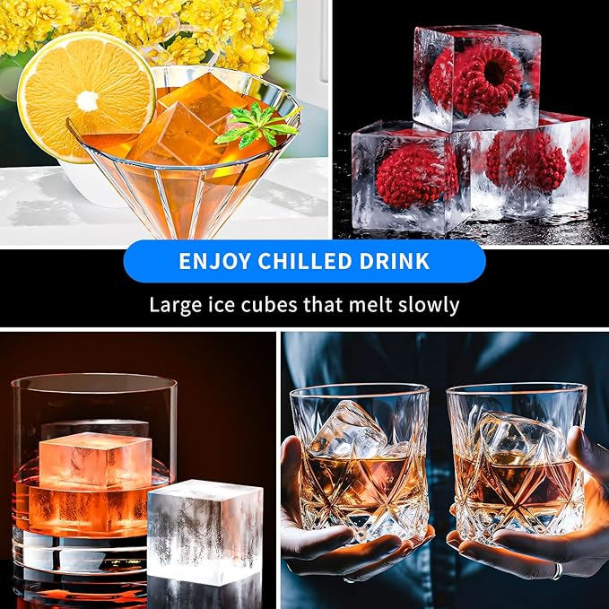 Large Ice Cube Tray for Whiskey, HANCELANT Big Silicone Square Ice Cube Mold with Removable Lid, 2'' Huge Square Ice Cubed Tray for Whisky and Cocktail, Black
