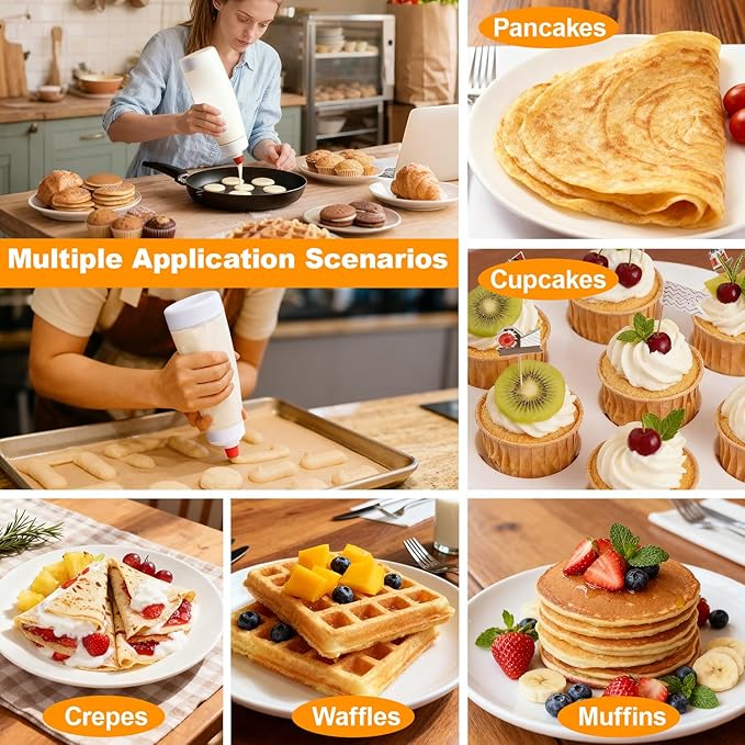 Pancake Batter Dispenser Bottle Kit - 4.5-Cup Pancakes Mixer with Shaker Ball Stainless Steel Whisk and Brush,Squeeze Bottles for Cupcake Muffin Waffle Crepe