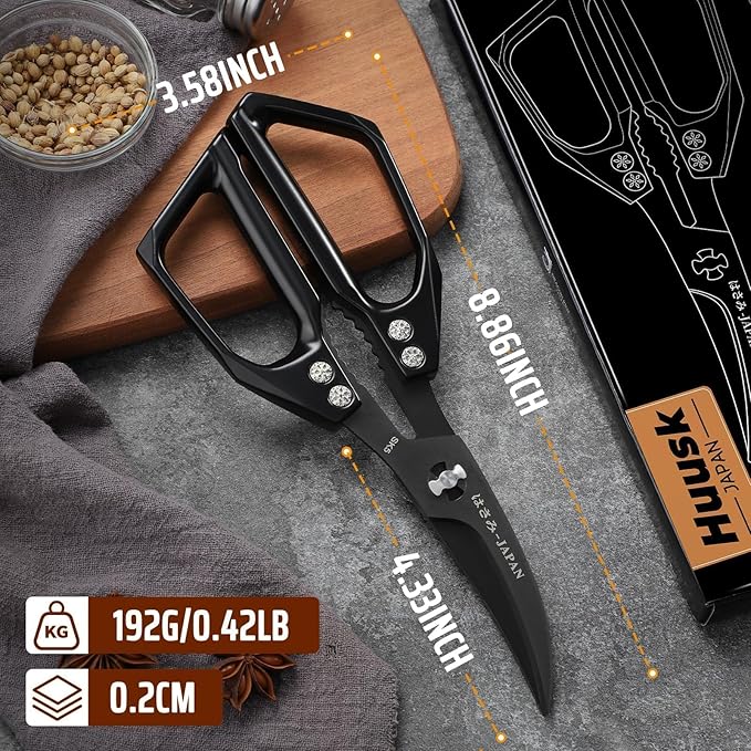 Huusk Seafood Scissors Black - Stainless Steel Kitchen Shears Dishwasher Safe, Sharp Japanese-Style Kitchen Scissor for Crab, Shrimp, Lobster, Herbs and Food Prep, Christmas Gifts for Men Women