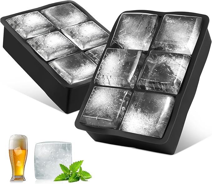 Silicone Ice Cube Tray, Easy Release Flexible Silicone Freezer Mold with Removable Lid, 2PCS of 6 Large Ice Cubes Tray for Whiskey, Freezer, Cocktail, Reusable & BPA Free (6 Square*2)