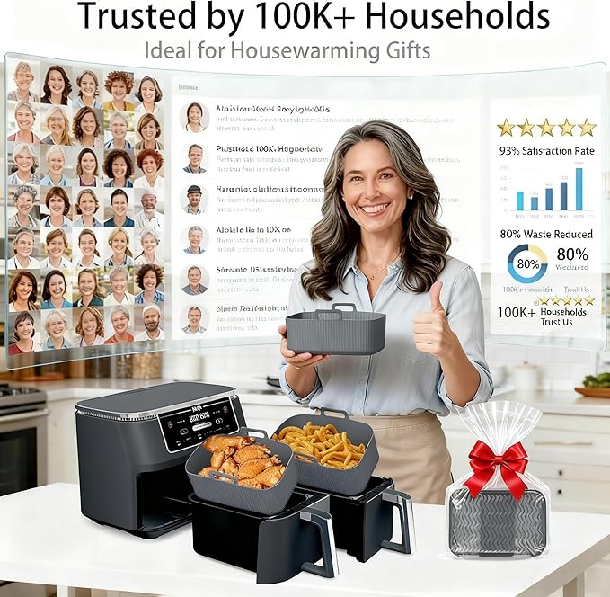 Silicone Air Fryer Liners for Ninja - Reusable DZ201 8QT Dual Basket - Rectangular 2-Pack Vacuum-Packed Easy-Clean Dishwasher-Safe Food-Safe for Home Chefs - Housewarming Gifts