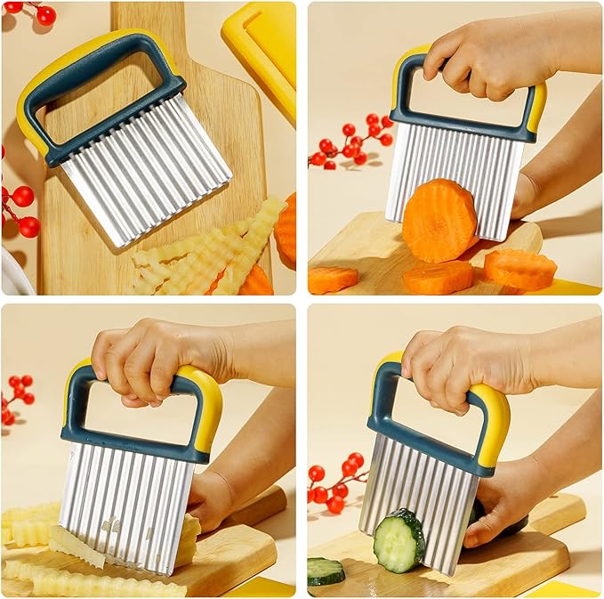 Crinkle Cutter Knife, Potatoes Crinkle Fry Cut and Vegetable Cutter for Veggies, Stainless Steel Carrot Slicer(Yellow)