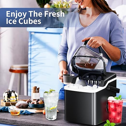 Ice Maker Countertop, Portable Ice Maker Machine, 26.5Lbs/24H, 9Pcs/6Mins, 2 Sizes of Bullet Ice, Self-Cleaning, Basket and Scoop, Ideal for Home/Office/Outdoor Use, Black