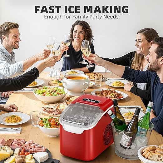 Antarctic Star Ice Maker Countertop, 8 Bullet Ice Cubes in 6 Mins, 26.5 lbs/Day, Self-Cleaning, 2 Sizes, Ultra-Quiet for Home/Kitchen/Camping/RV RED
