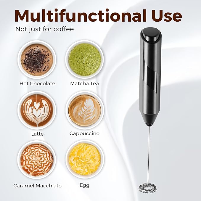HealSmart Milk Frother Handheld, Battery Operated Electric Drink Mixer with Stainless Steel Whisk and Stand for Coffee, Lattes, Cappuccino, Matcha, Hot Chocolate, Black