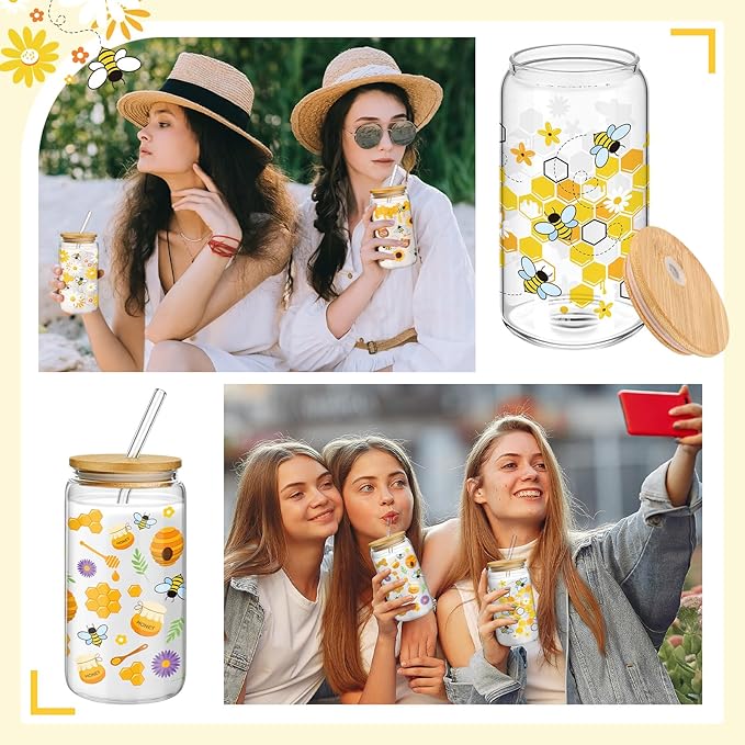 Mumufy 4 Pack Glass Cup with Bamboo Lid & Straw, 16 oz Iced Coffee Tumbler Set of 4, Honey Bee Floral Glass Cups, Reusable Clear Drinking Glasses for Iced Coffee, Tea, Smoothies, Gift for Women