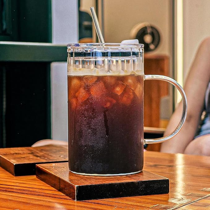 20oz Glass Tumblers with Lids and Straws - Stylish Vintage Ribbed Design for Iced Coffee, Juice, Smoothies, Milkshakes, Cold Beverages & Whiskey Cocktail Beer (Thick Inner Ridge)