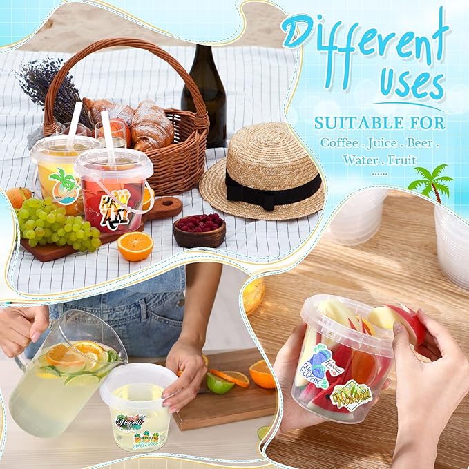 Funnymoom 30 Sets Clear Plastic Cups 24 oz Ice Cream Buckets with Lids & Straws Disposable Drink Cups Cocktail Pails Bulk with Handles and Stickers for Outdoor Beach Birthday Pool Party(Hawaii)