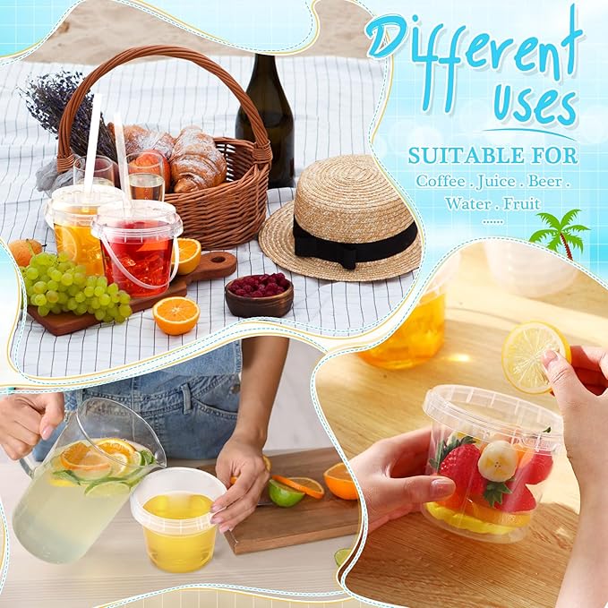 Funnymoom 30 Set 16oz Clear Plastic Drink Buckets with Lids and Straws Disposable Iced Coffee Cups Rum Buckets for Cocktail Parties Smoothie Cup Bulk with Handles for Beach Pool Party Supplies