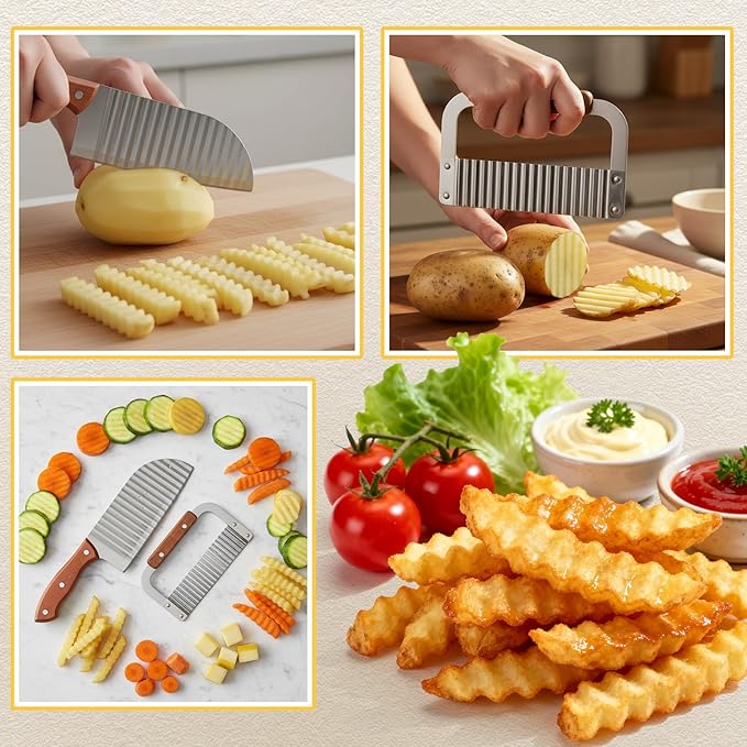 Patelai 2 Pcs Crinkle Cutter Set for Potato Vegetable French Fry, Stainless Steel Blade Wavy Slicer, Wavy Crinkle Cutting Tool Salad Chopping Knife Soap Fruit French Fry Slicer (Wooden Handle,Rufous)
