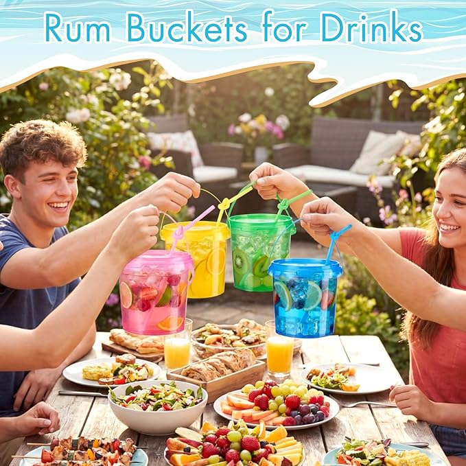 Funnymoom 48 Pack 34 oz Plastic Rum Buckets Bulks for Drinks with Straws Reusable Ice Cream Cocktail Cups Neon Party Bucket with Lids Handles Food Containers Cup for Summer Beach Bar Beer