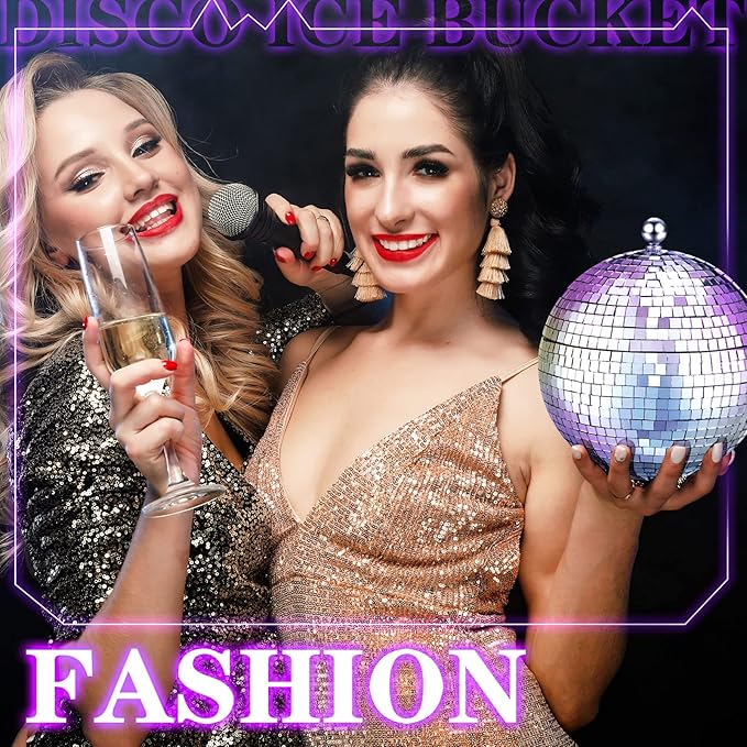 Hoolerry 2L Disco Ball Ice Bucket for Cocktail Bar Retro 70s Barware Mirror Silver Disco Beverage Vase Bowl Drink Barrel Double Stainless Steel Bachelorette Party Gift Supplies