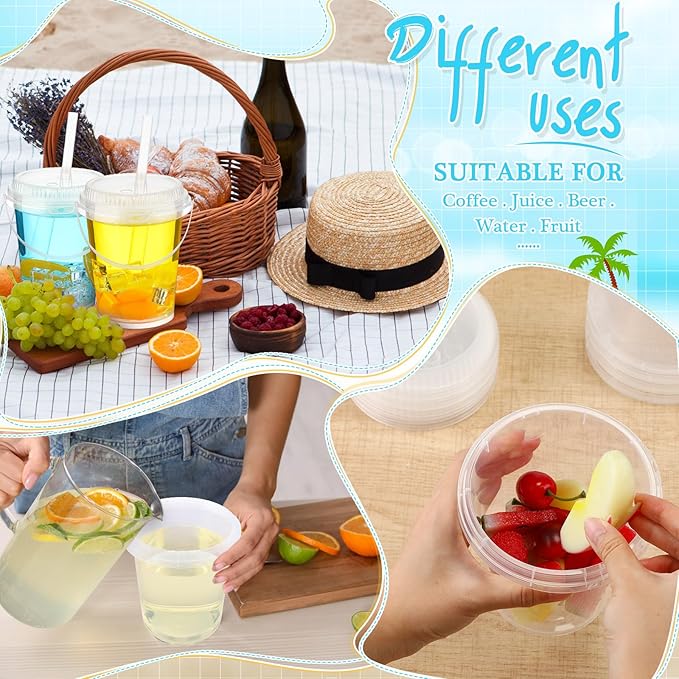 Funnymoom 15 Set 34 oz Clear Drink Buckets with Lids and Straws, Disposable Plastic Rum Cocktail Pails with Handles Large Smoothie Cups for Adult Bachelorette Party Supplies Beach & Catering Events