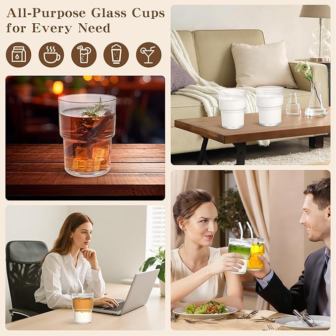 15oz Iced Coffee Cups with Lids Reusable,4Pcs Glass Matcha Cups,Glass Cups with Lids and Straws,Clear Glass Coffee Tumbler for Drinking Water,Tea,Juice