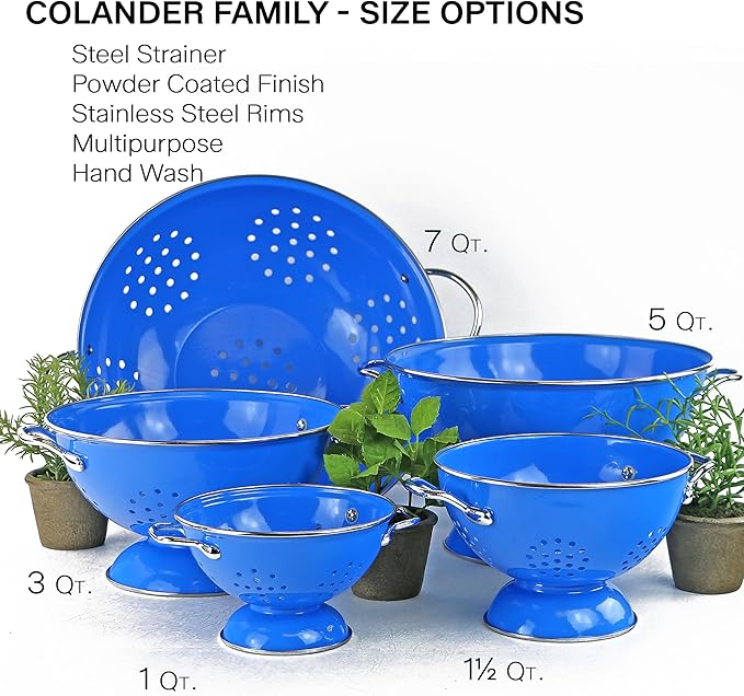 Reston Lloyd, 1.5 Quart Powder Coated Steel Kitchen Strainer Basket for draining Pasta, Vegetable and Fruit, Chrome Handles and Wide Stable Base, Azure