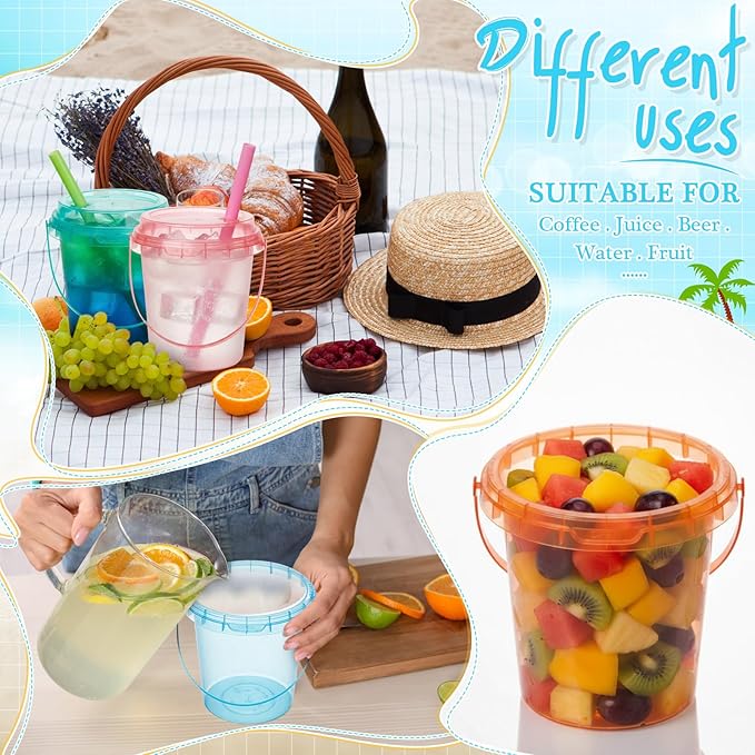 Funnymoom 60 Set 24oz Disposable Plastic Drink Buckets with Lids and Straws Pastel Iced Coffee Cups Rum Buckets for Cocktail Parties Smoothie Cup Bulk with Handles for Beach Pool Party Supplies