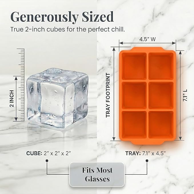 KitchFort Large Silicone Ice Cube Tray (2-Pack), Easy Release 2" Big Ice Cubes - Cocktail, Whiskey Ice Cubes Mold - Ice Trays for Freezer with Lid - Stackable Silicone Ice Tray - Orange