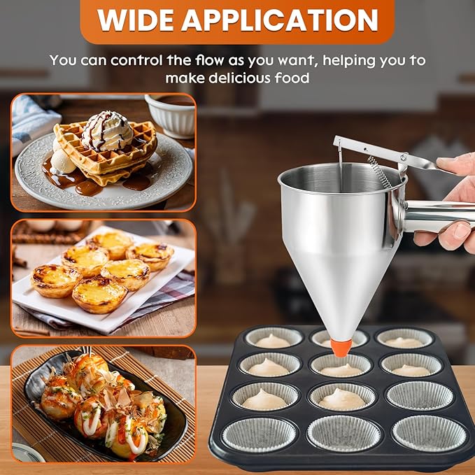 1200ML/40OZ Stainless Steel Pancake Batter Dispenser, Piston Funnel Dispenser with Stand Detachable Handle for Takoyaki Baking Cake Desserts with 4PCS Nozzles