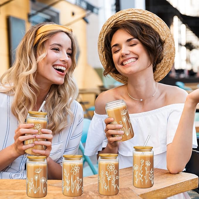 Mumufy 4 Pack Bridesmaid Gift Glass Cups, Cute Flower Mason Jars with Bamboo Lids & Straws, 16oz Iced Coffee Tumblers for Wedding, Bridal Party, Birthday, Mother's Day(Boho Floral)