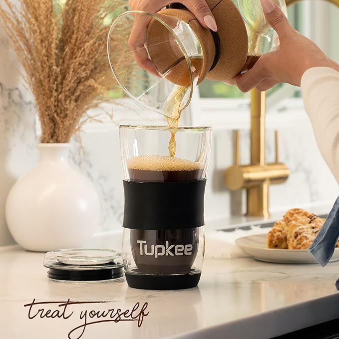 Tupkee 20 oz Double Wall Glass Tumbler With Lid – All Glass Hand Blown Reusable Insulated Travel Mug - For Coffee, Tea, Boba, Iced Coffee, and Smoothie Cup To Go – Black